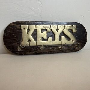 Vintage Wooden Brass Hook Wall Key Organizer 4 Brass Hooks MCM Rustic  Primitive